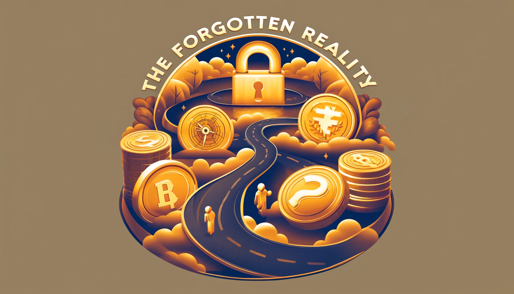 Feature image for 'The Forgotten Realities: A Sobering Look at Financial Independence Retire Early (FIRE) Movement' blog post, displaying gold coins, a digital lock, and a winding road leading to a question mark, symbolizing the complexities and uncertainties of achieving financial independence, perfect for the adventurous spirit of the 'Kango Anywhere' travel blog.