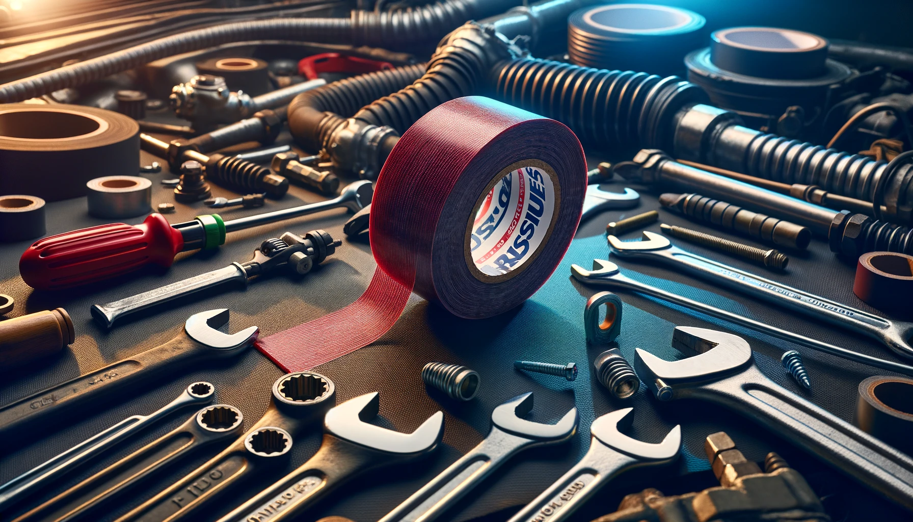 Roll of Rescue Tape sealing a leak in an F150 transmission hose, with automotive tools in the background.