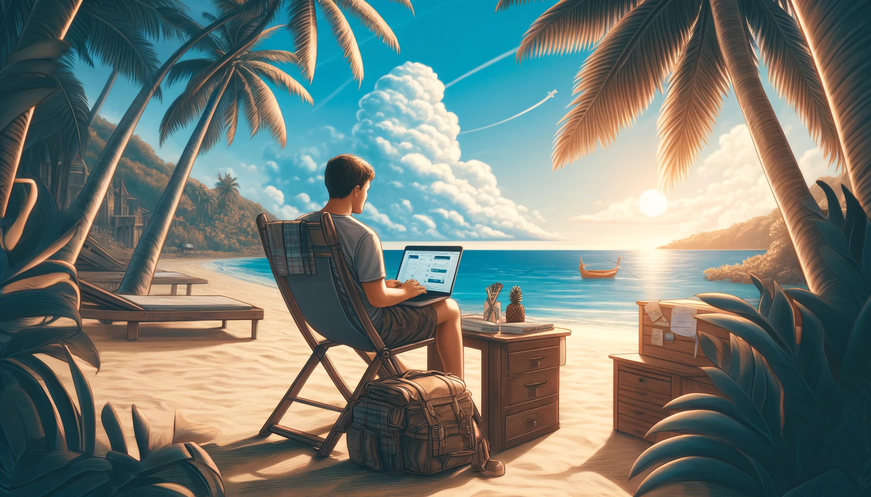 Digital nomad with laptop working from a sunny beach surrounded by palm trees.
