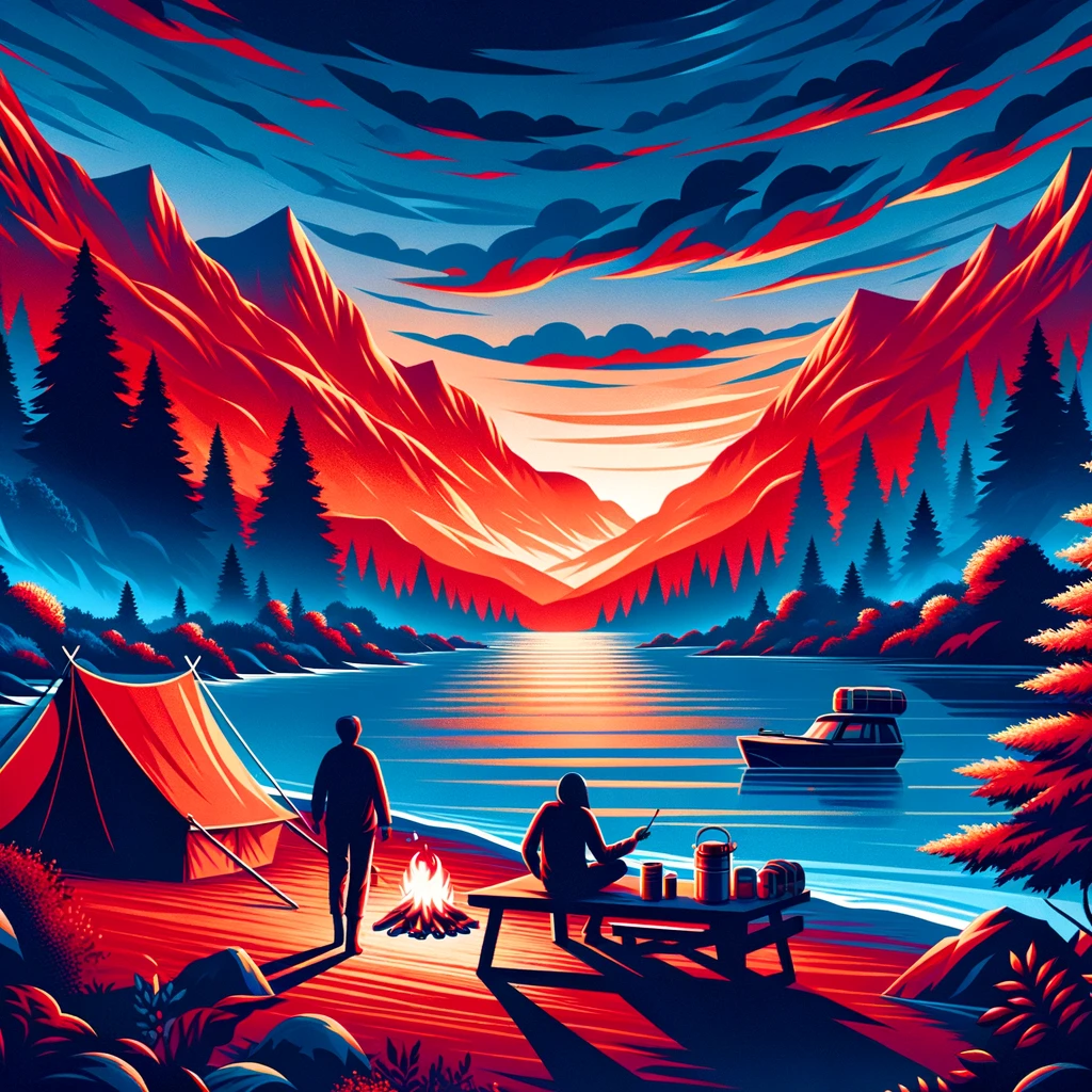A couple enjoying a serene outdoor environment with a tent and campfire, symbolizing financial independence and early retirement.