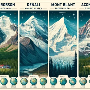 Comparison of Mount Robson in British Columbia with Denali, Mont Blanc, and Aconcagua, showcasing their unique landscapes and elevations.