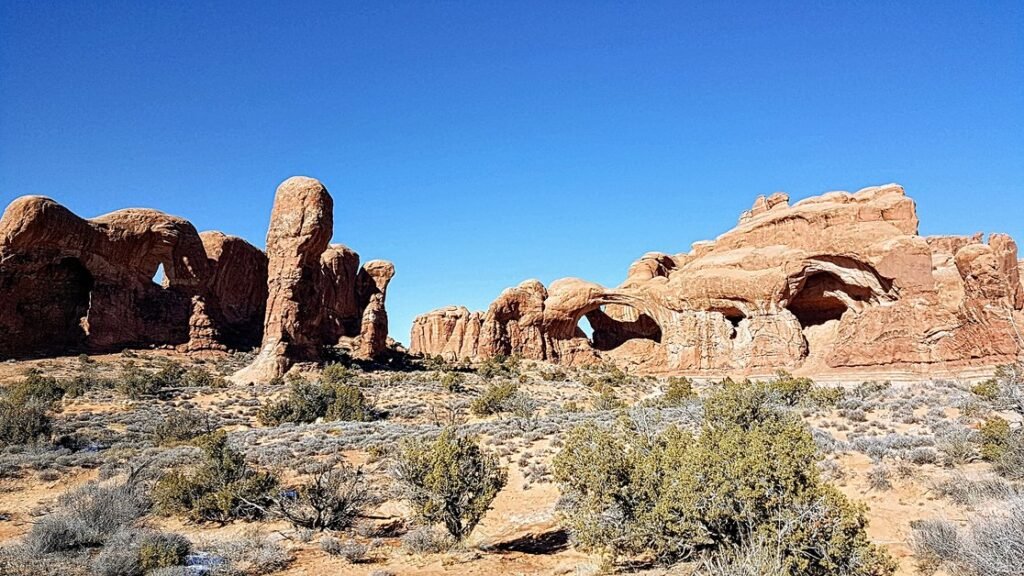 Double Arch rock formation at Arches National Park, known as a filming location for Indiana Jones