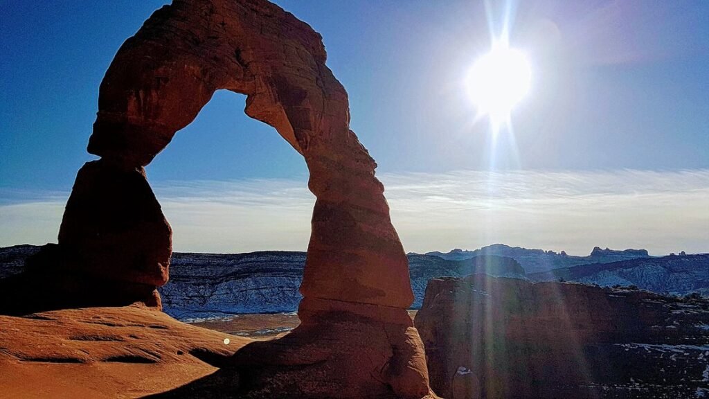 Winter landscape in Arches National Park with snow and ice