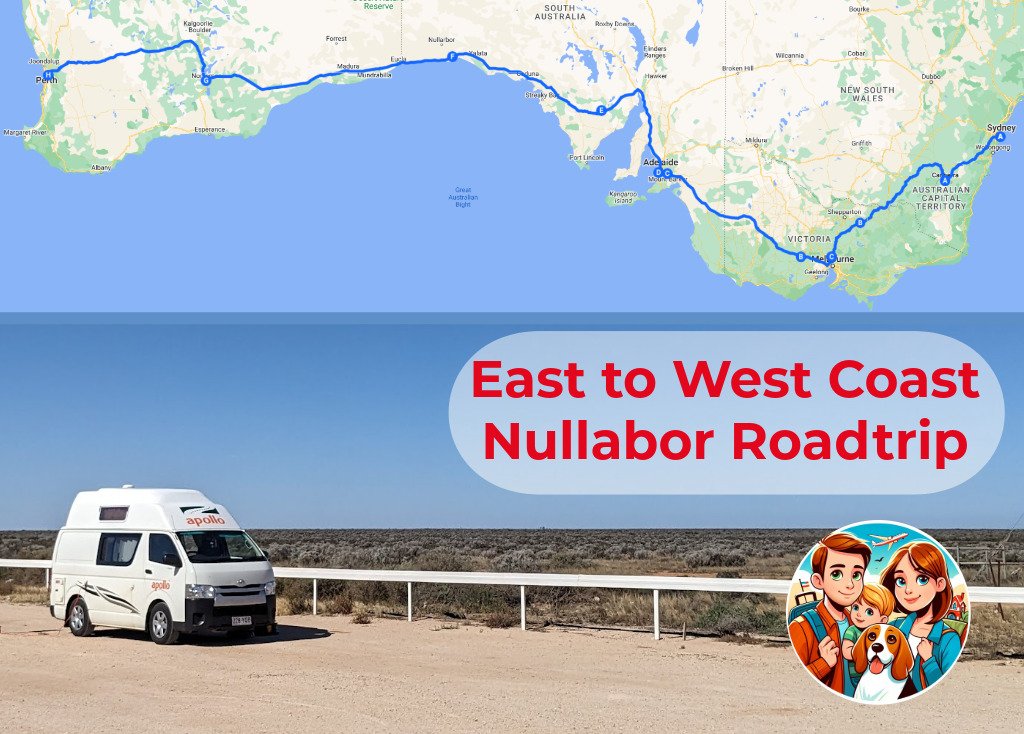 A travel-themed composite image featuring a road trip route map from Sydney to Perth across the Nullarbor Plain, overlaid with a campervan parked in the Australian Outback. The image includes bold red text reading "East to West Coast Nullarbor Roadtrip" and a cartoon-style family avatar. The sky and map background are blended for a seamless visual effect.