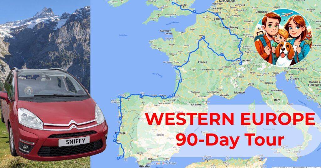 A composite travel image featuring a detailed road trip map of Western Europe, a red Citroën car with a beagle named Sniffy inside, and a backdrop of scenic alpine mountains. The image includes bold red text reading "Western Europe 90-Day Tour" and a cartoon-style family avatar.