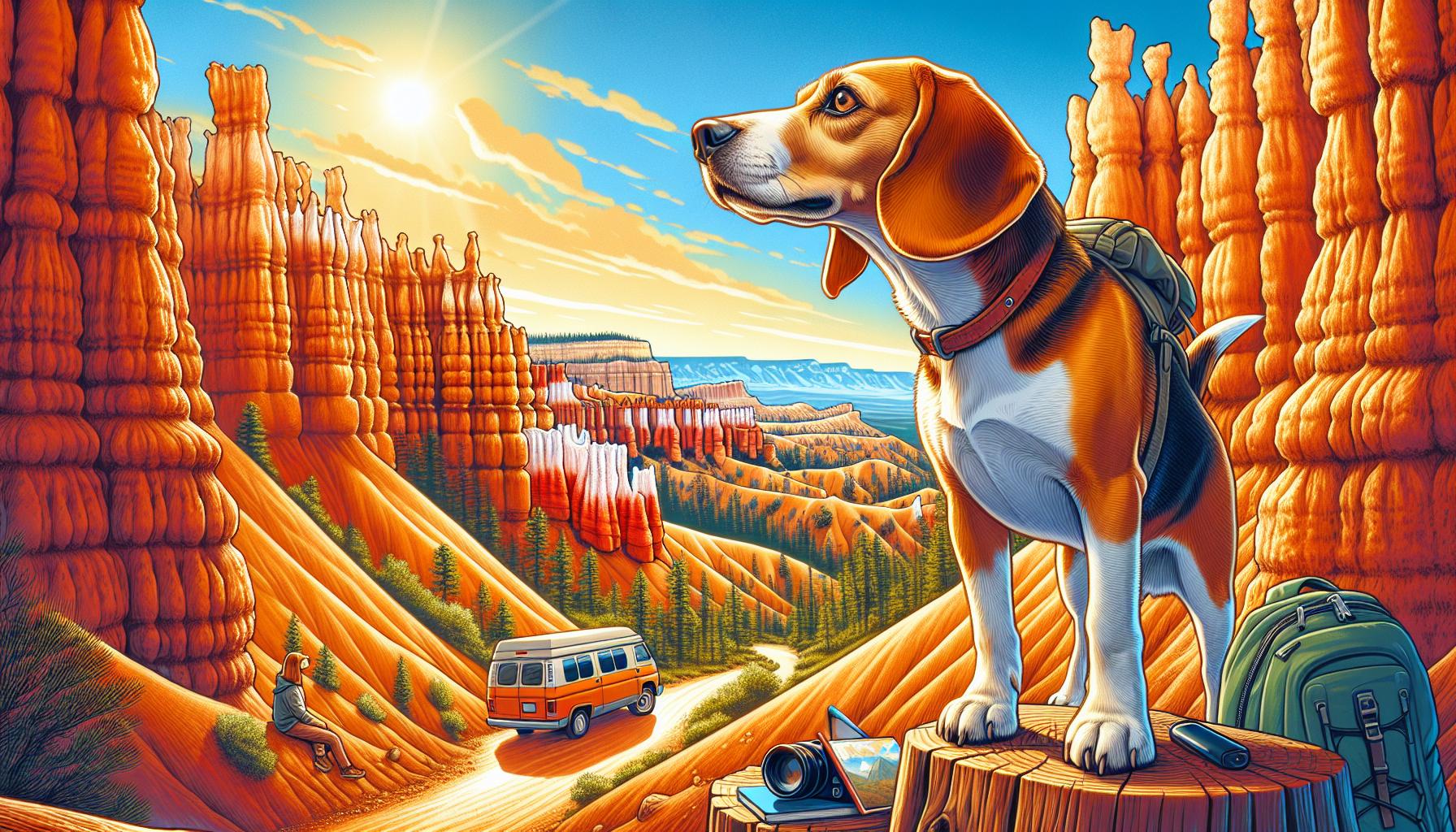 "Sniffy the dog exploring Bryce Canyon National Park with stunning rock formations in the background on a sunny day."