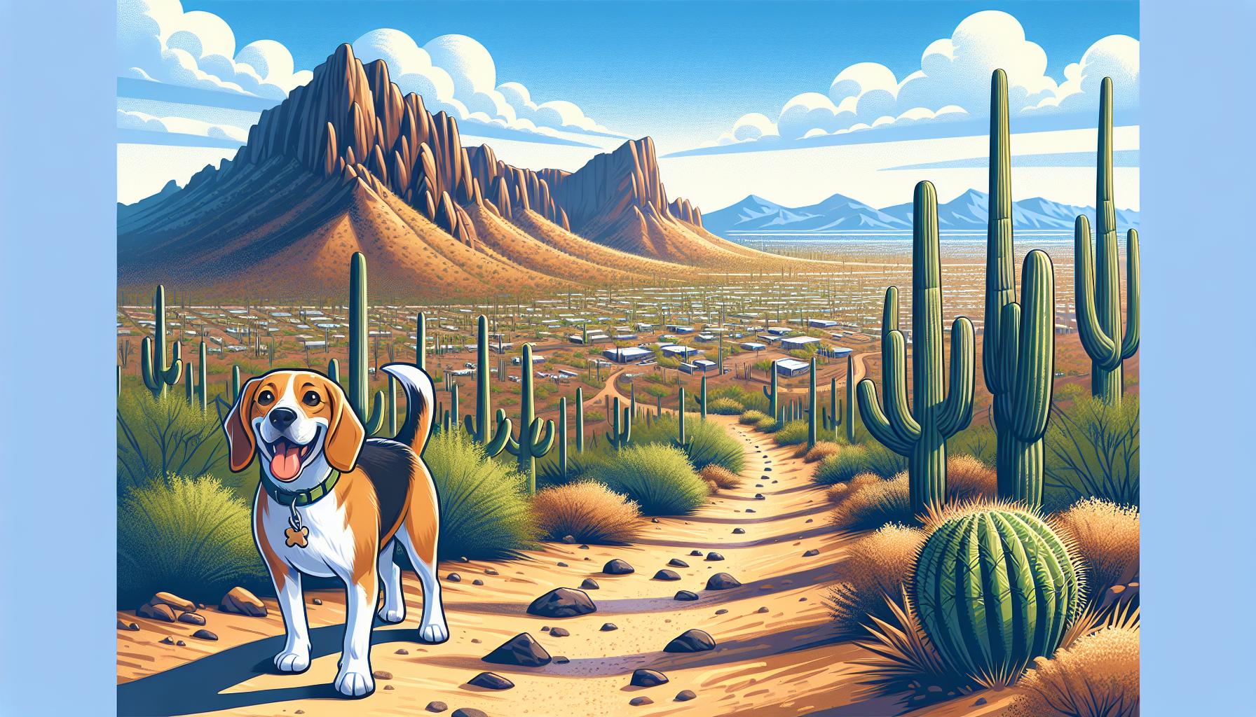 Sniffy the Beagle and owner hiking along a scenic trail on Camelback Mountain, showcasing the desert landscape and adventure.