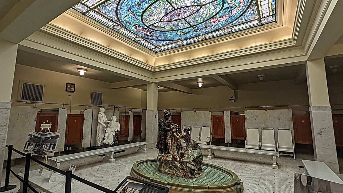 Stained glass ceiling inside Fordyce Bathhouse Visitor Center at Hot Springs National Park