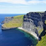 Ireland Cliffs of Moher with blue skies, green grass, and blue ocean