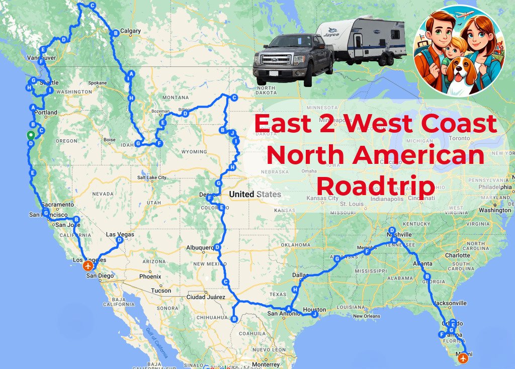 A detailed road trip map of North America showing a planned 2024 route from the East to West Coast, featuring a pickup truck towing a Jayco travel trailer, cartoon-style family avatar, and bold red text reading "East to West Coast Roadtrip 2024." The route includes major stops across the USA and Canada, from Florida to California, up the West Coast through Oregon and Washington, into Canada, and looping back through the Midwest.