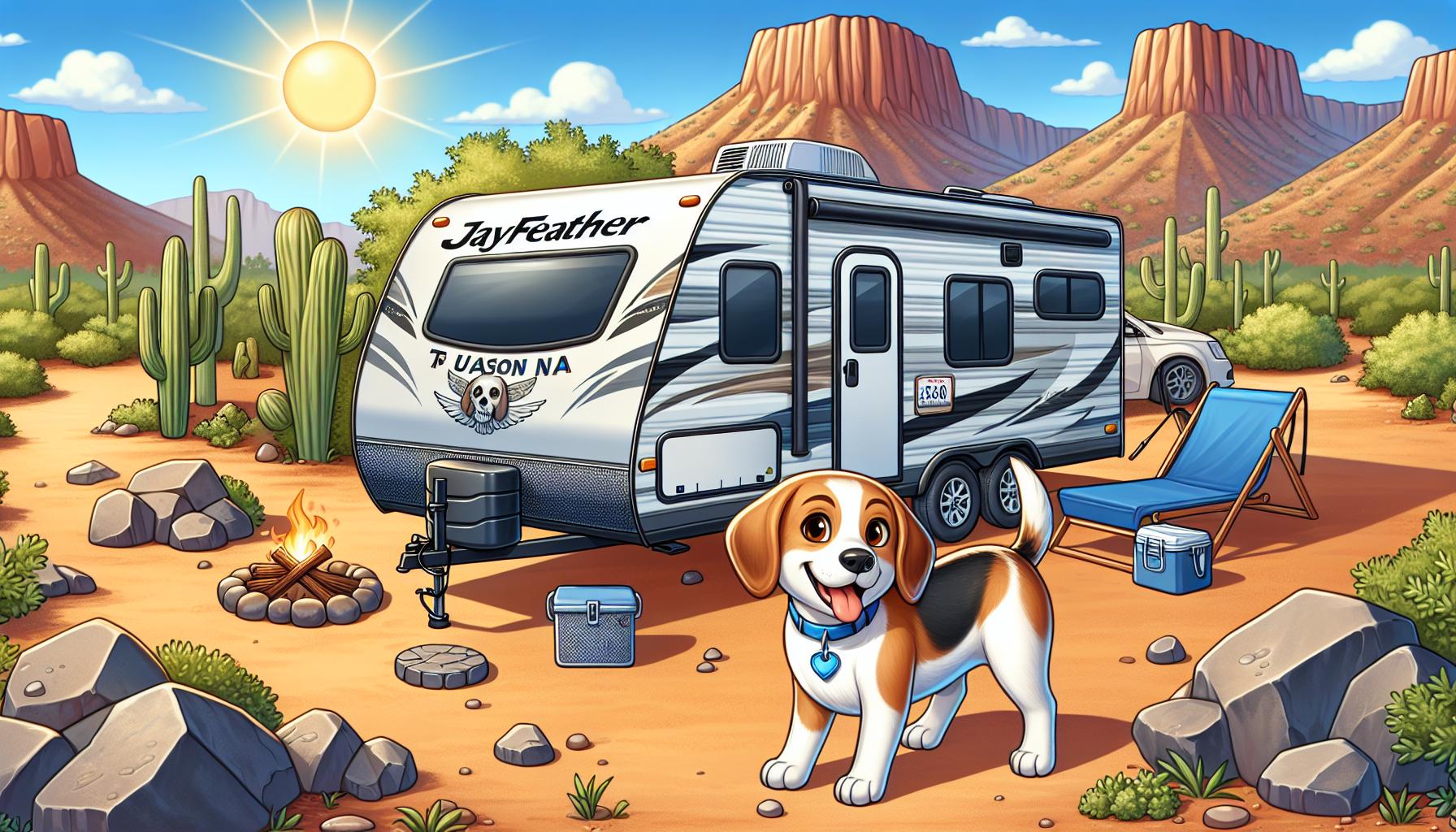 2019 Jayco Jayfeather travel trailer parked at Tucson NW KOA Campground under the bright Arizona sun, surrounded by desert landscape.