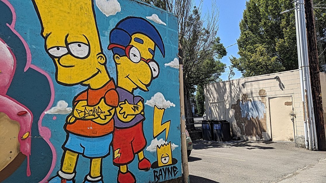 Bart and Milhouse Leaning in Springfield Bart and Milhouse in Springfield’s Alleyway