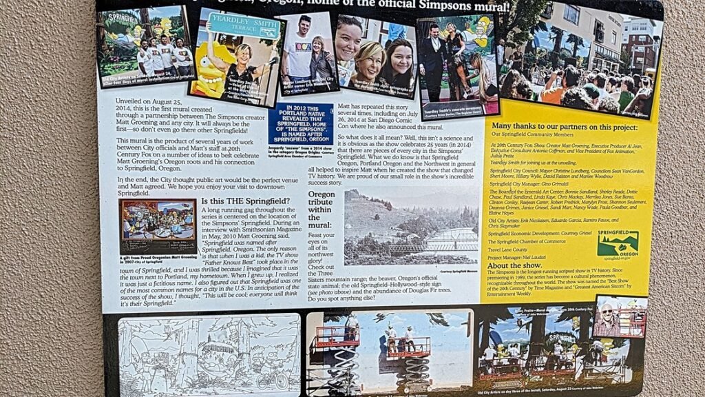 Springfield Oregon information sign board displaying information about main Simpsons mural