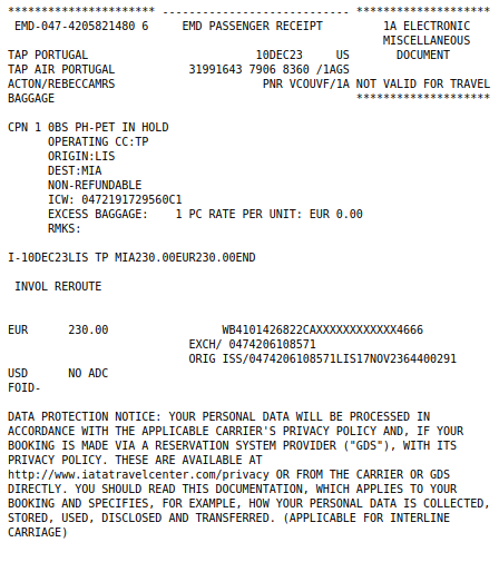 TAP Airlines Receipt for Pet-inHold