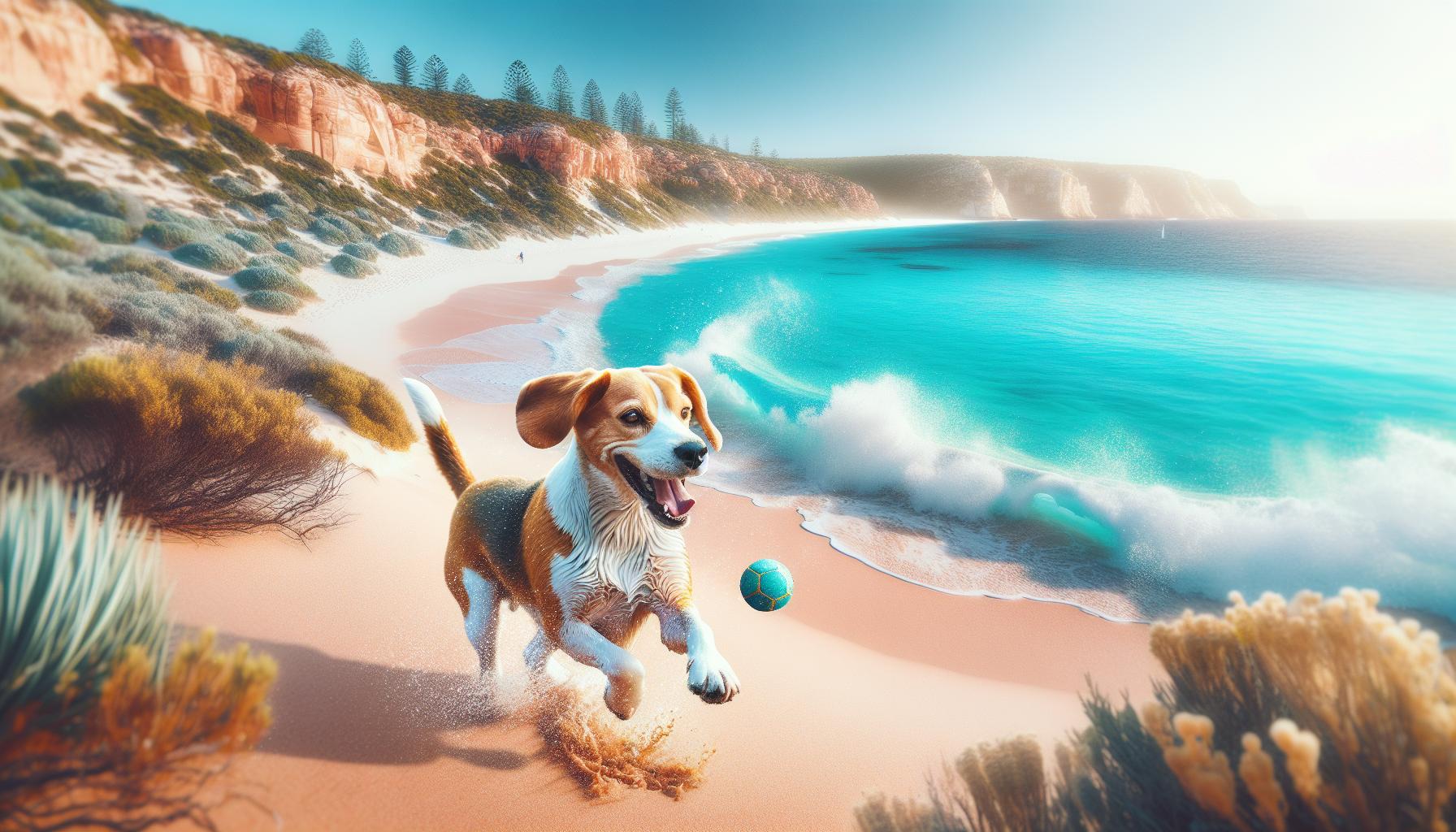 A happy dog running along the shoreline at one of the best dog beaches in Perth, with clear blue water and sandy beach in the background.