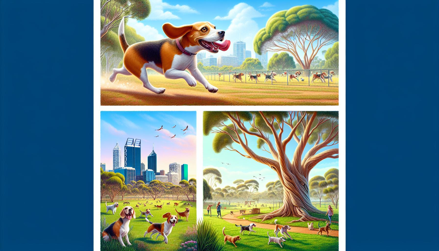 A happy dog playing at a top dog park north of the river in Perth, surrounded by trees and open space.