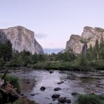 Sunset view of El Capitan and Yosemite Valley in Yosemite National Park