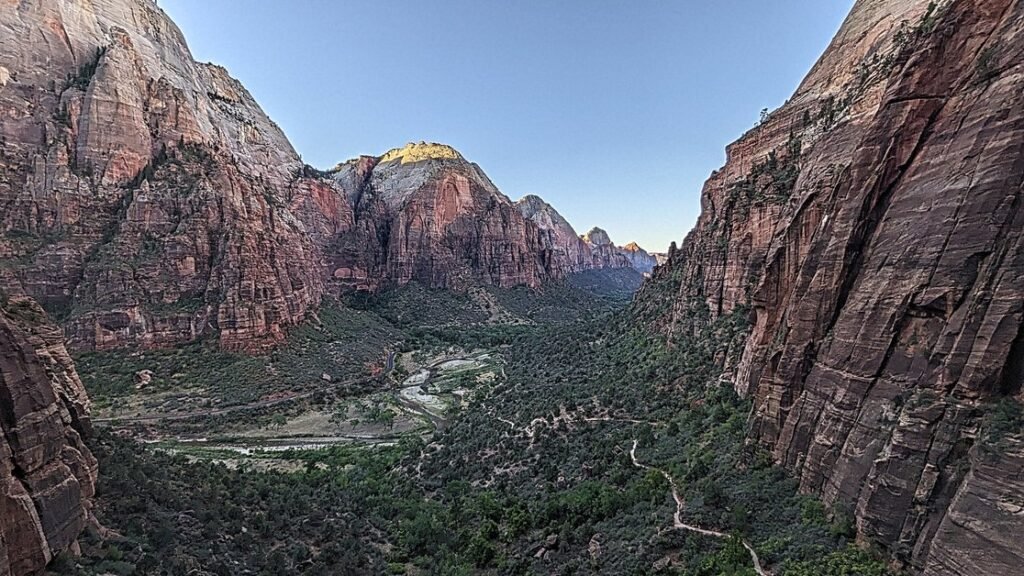 View overlooking Virgin River on Angels Landing Hike in Zion National Park