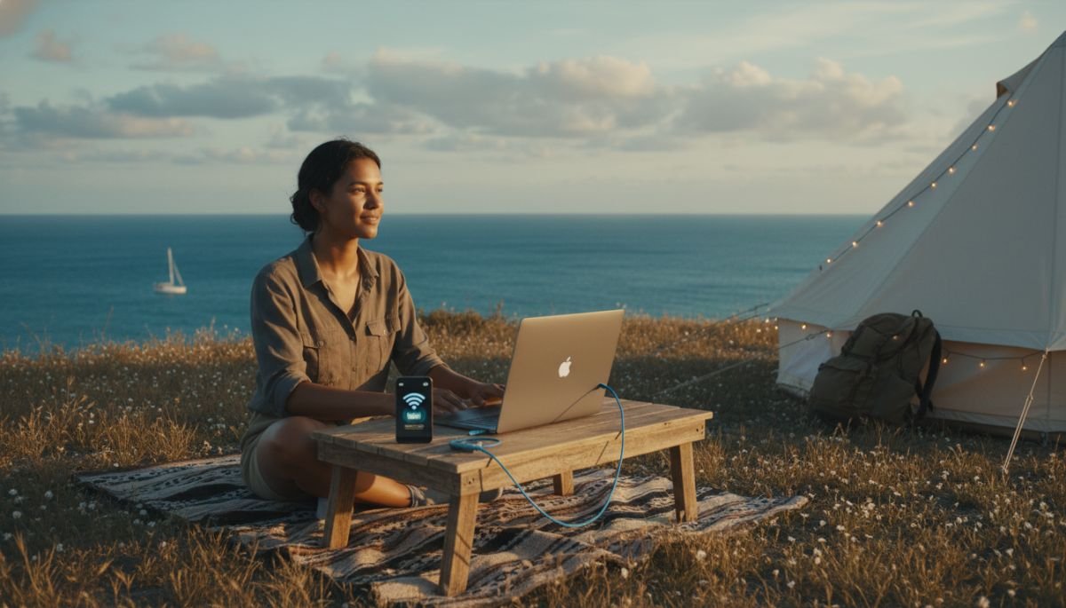 A digital nomad using an Android phone as a mobile hotspot to connect a laptop in a remote workspace.