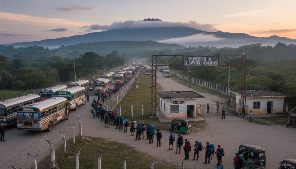 Backpacker navigating a border crossing station in Central America while traveling from Mexico to Panama.