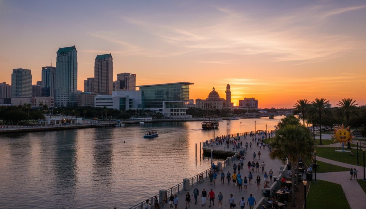 A vibrant view of the Tampa waterfront skyline and riverwalk under a bright sunny sky with palm trees.