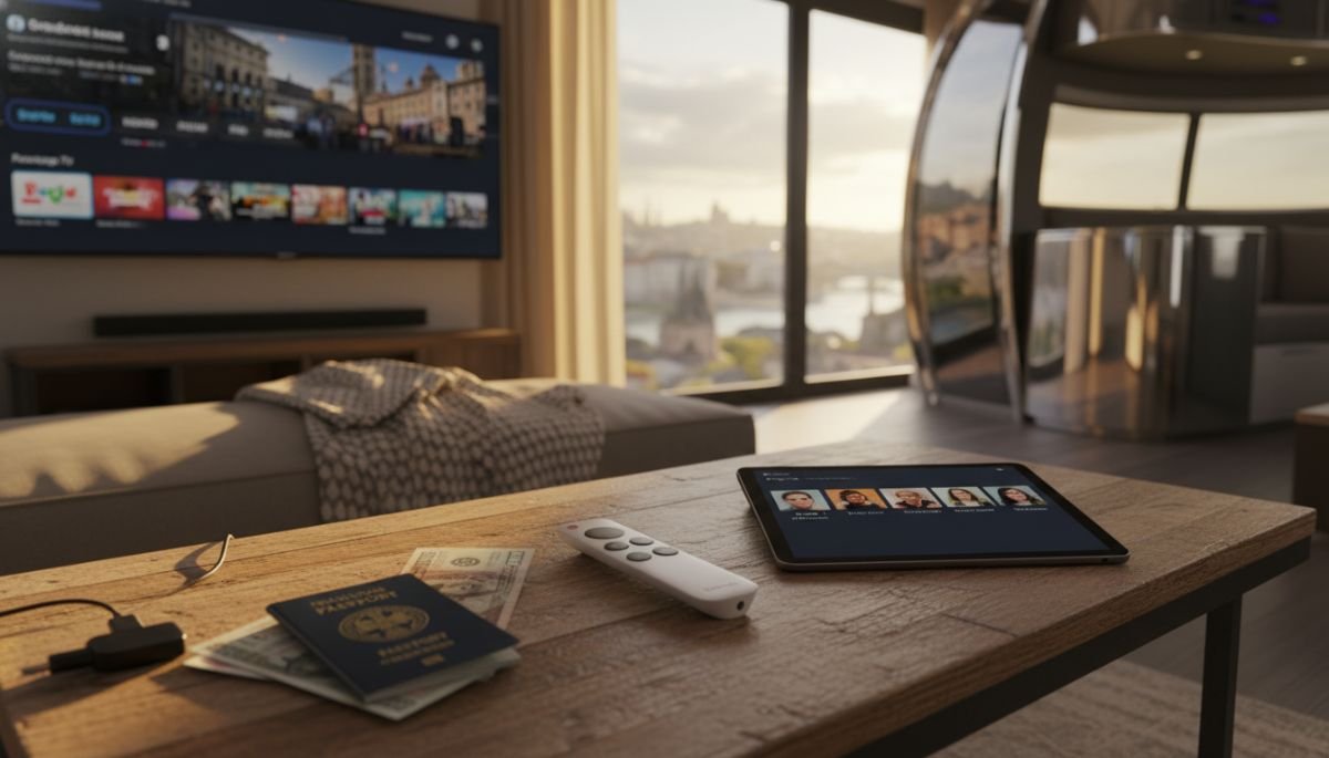 Google Chromecast with Remote on a hotel TV stand, perfect for digital nomads and travelers.