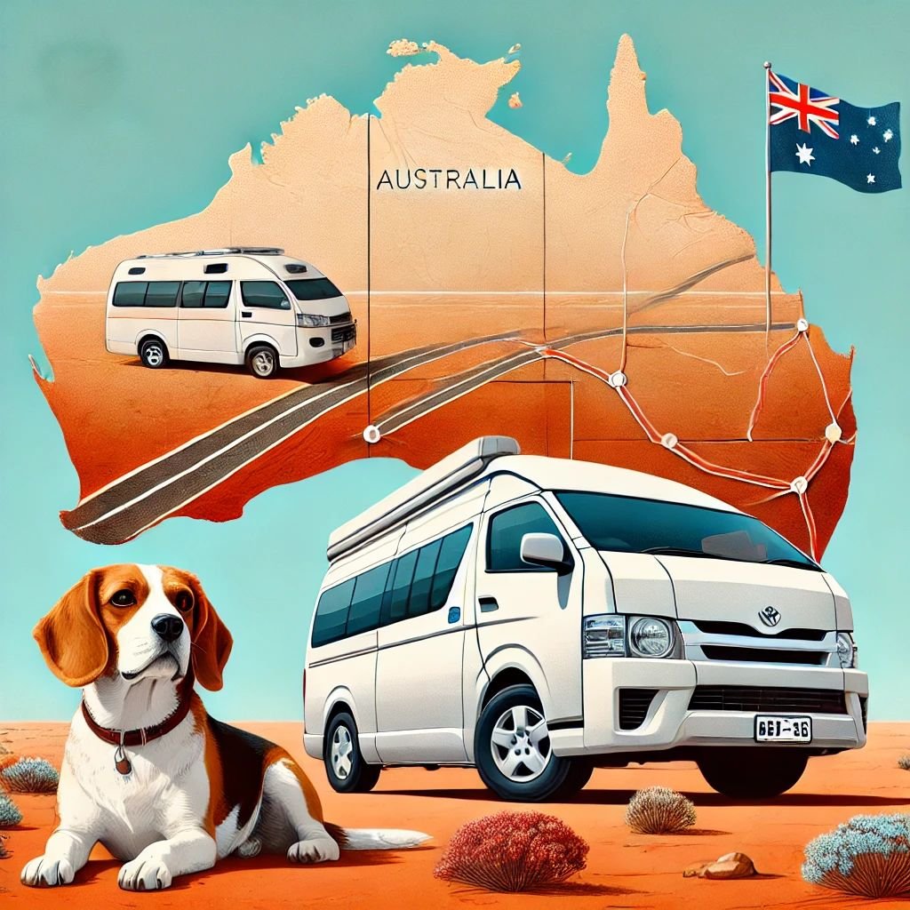 A Toyota HiAce hightop campervan traveling through the Australian outback on a red dirt road undera bright blue sky, accompanied by a beagle.