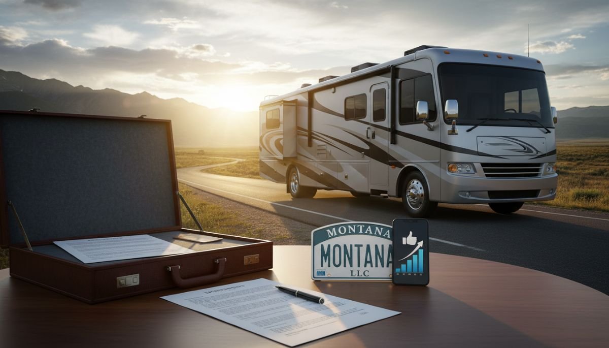 A luxury RV parked in a scenic mountain landscape representing Montana LLC vehicle registration benefits.