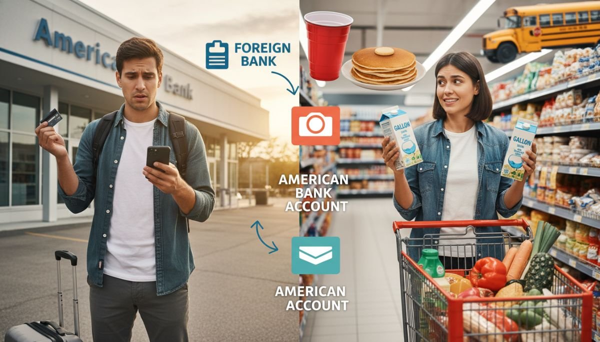 A flat lay of a US passport, credit card, and grocery list representing life hacks for moving to America.