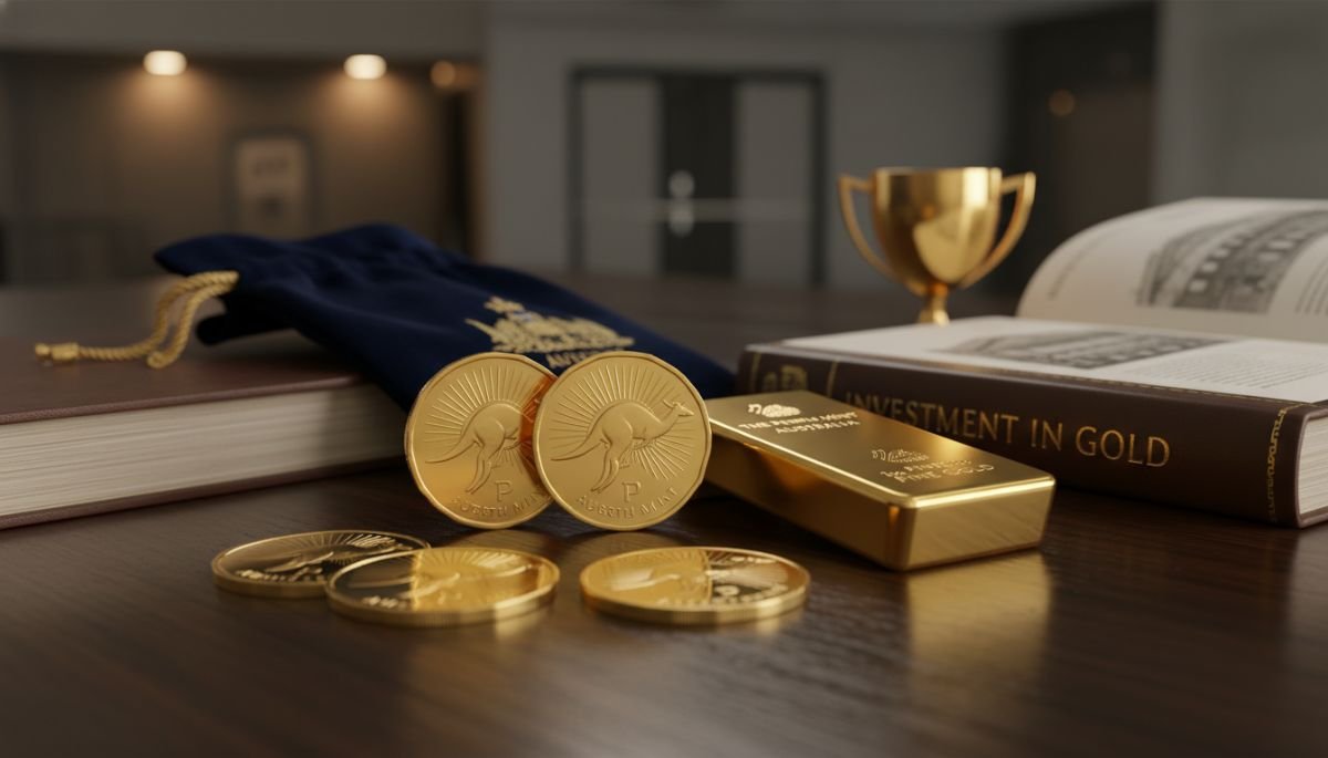 High-quality Perth Mint gold bullion bars and coins representing secure investment and government-backed authenticity.