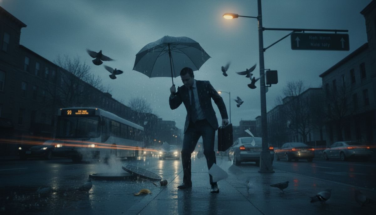 A frustrated person experiencing multiple mishaps simultaneously, illustrating the concept of Sods Law.