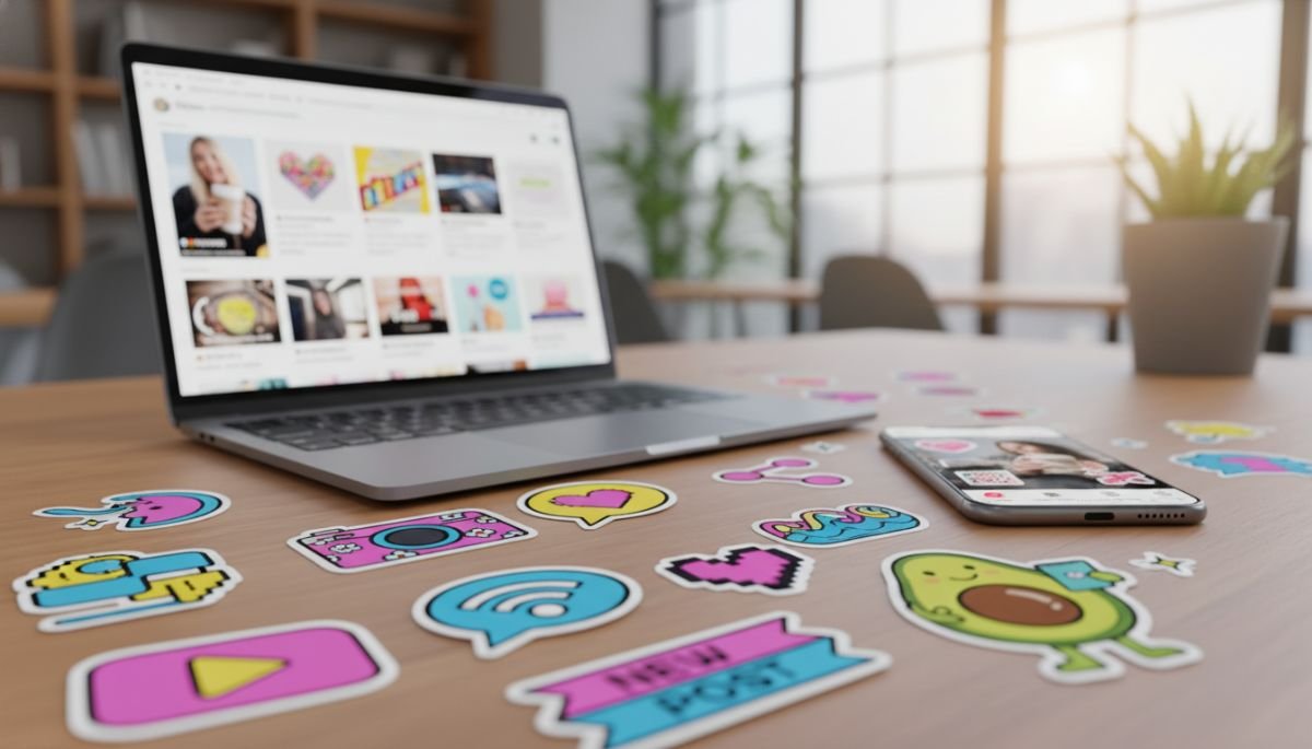 Colorful custom stickers on a laptop and phone illustrating sticker marketing for blogs and social media.